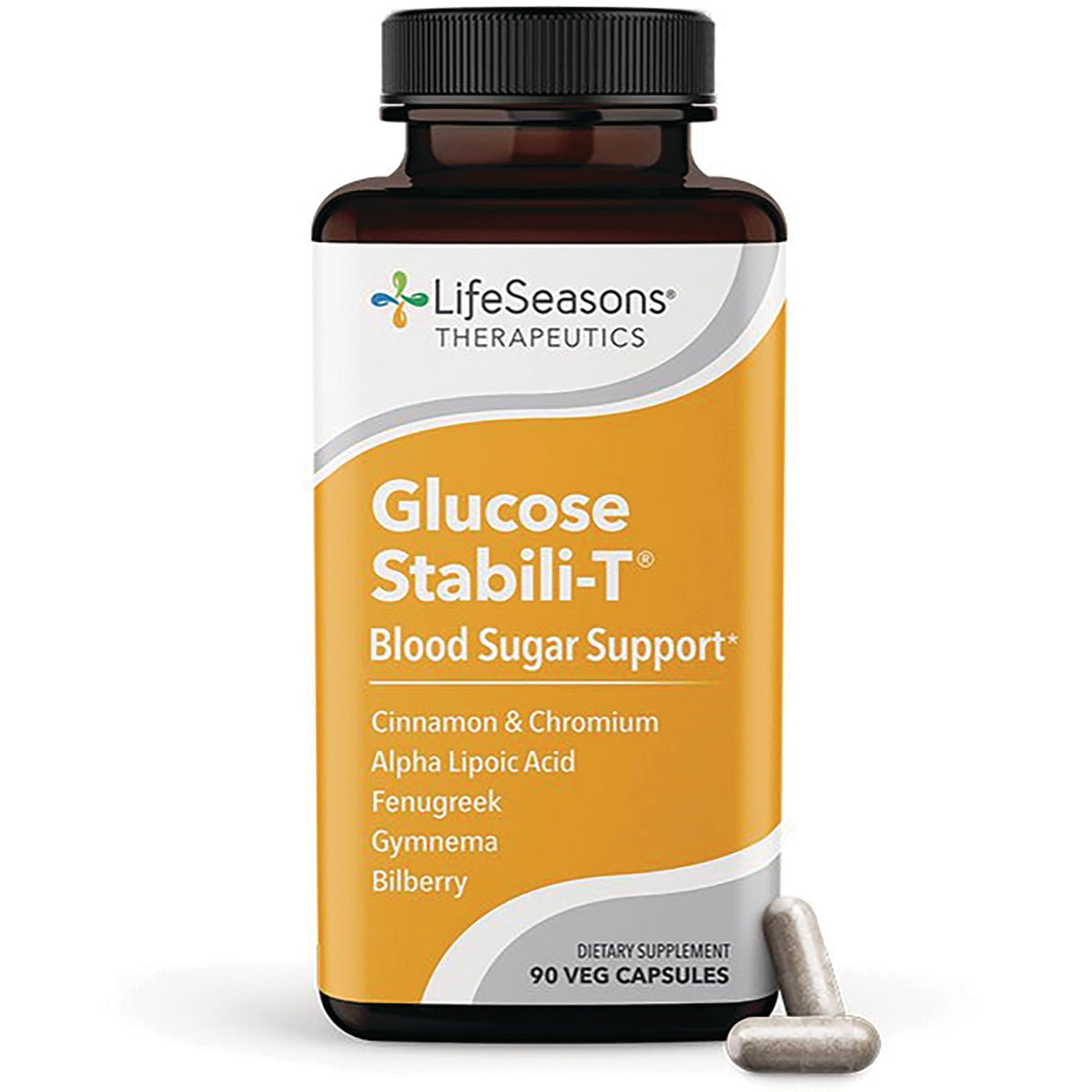 LSS003 | LifeSeasons Glucose Stabili-T blood sugar support supplement bottle front with two gray capsules