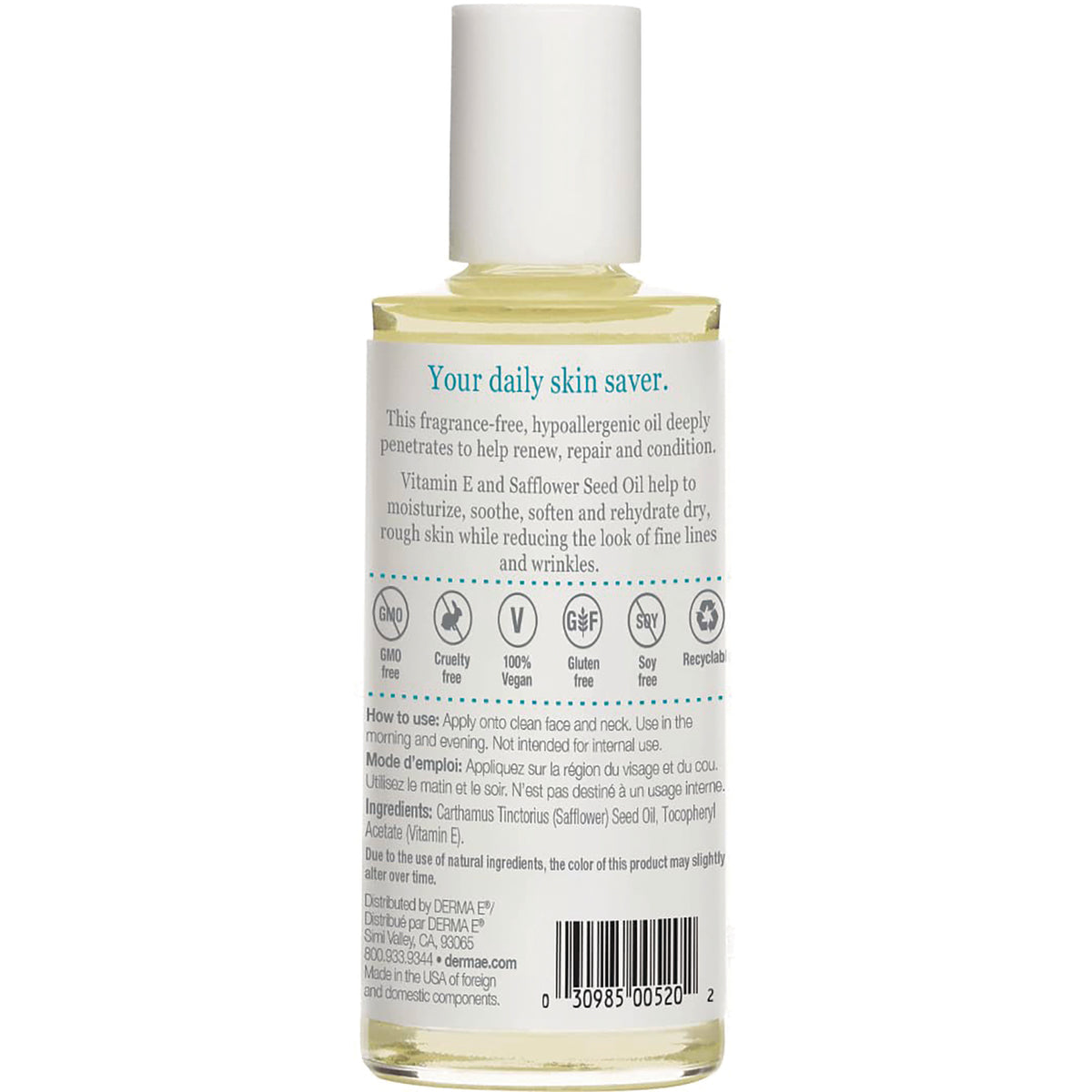 DE060 | back label of clear bottle showing product description, usage instructions, icons and barcode