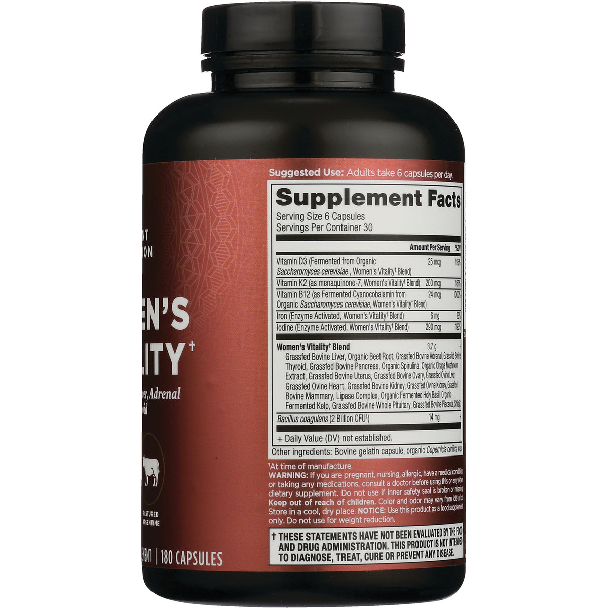ATN101 | Back label showing Supplement Facts panel, serving size, ingredients and warnings on brown supplement bottle