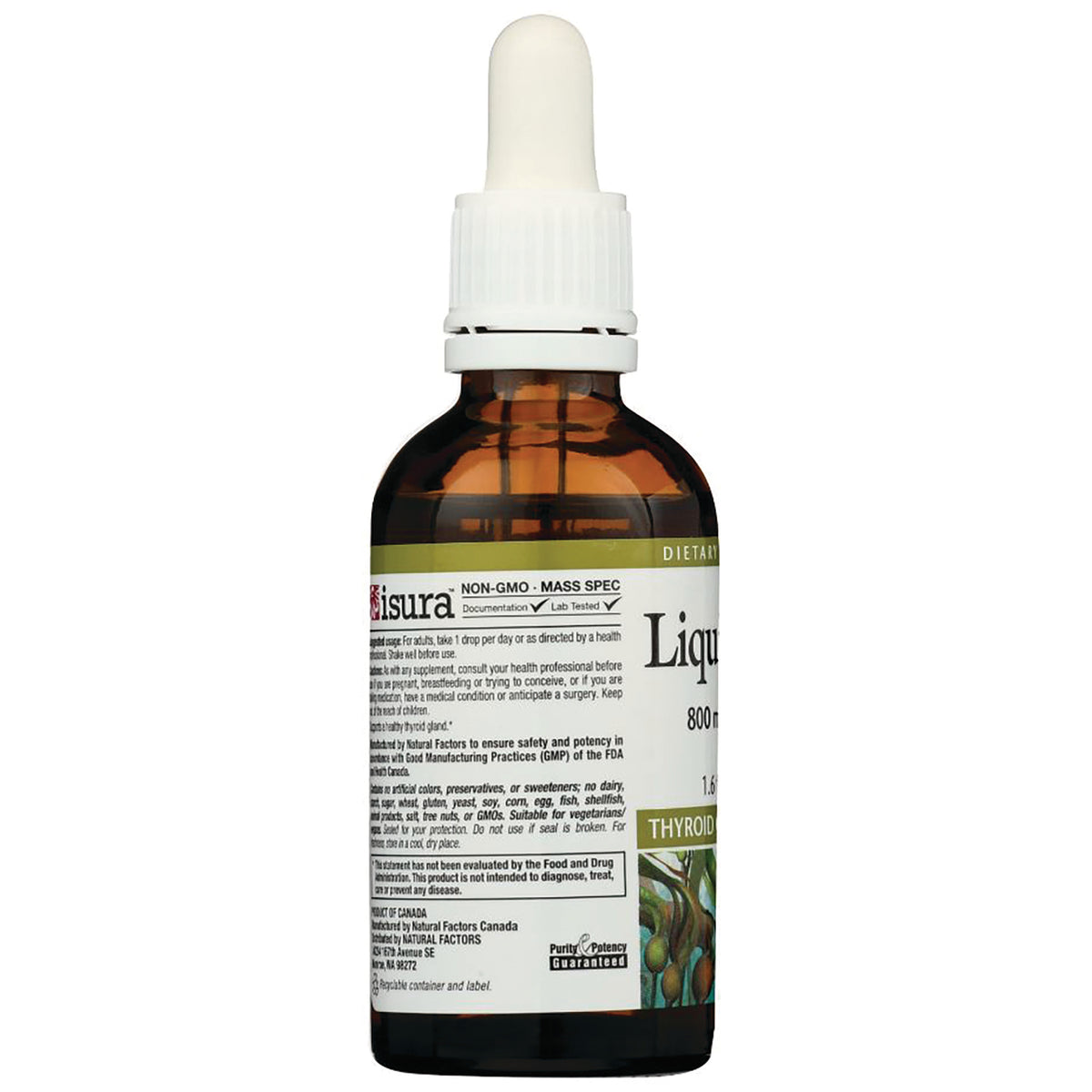 NFC122 | amber glass dropper bottle with white cap and label for thyroid liquid supplement, product text and ingredient panel visible