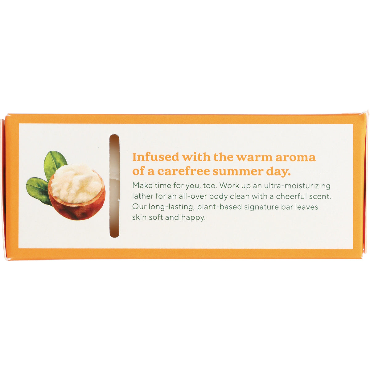 SOF011 | Back panel text: 'Infused with the warm aroma of a carefree summer day' plus moisturizing, plant-based bar claims