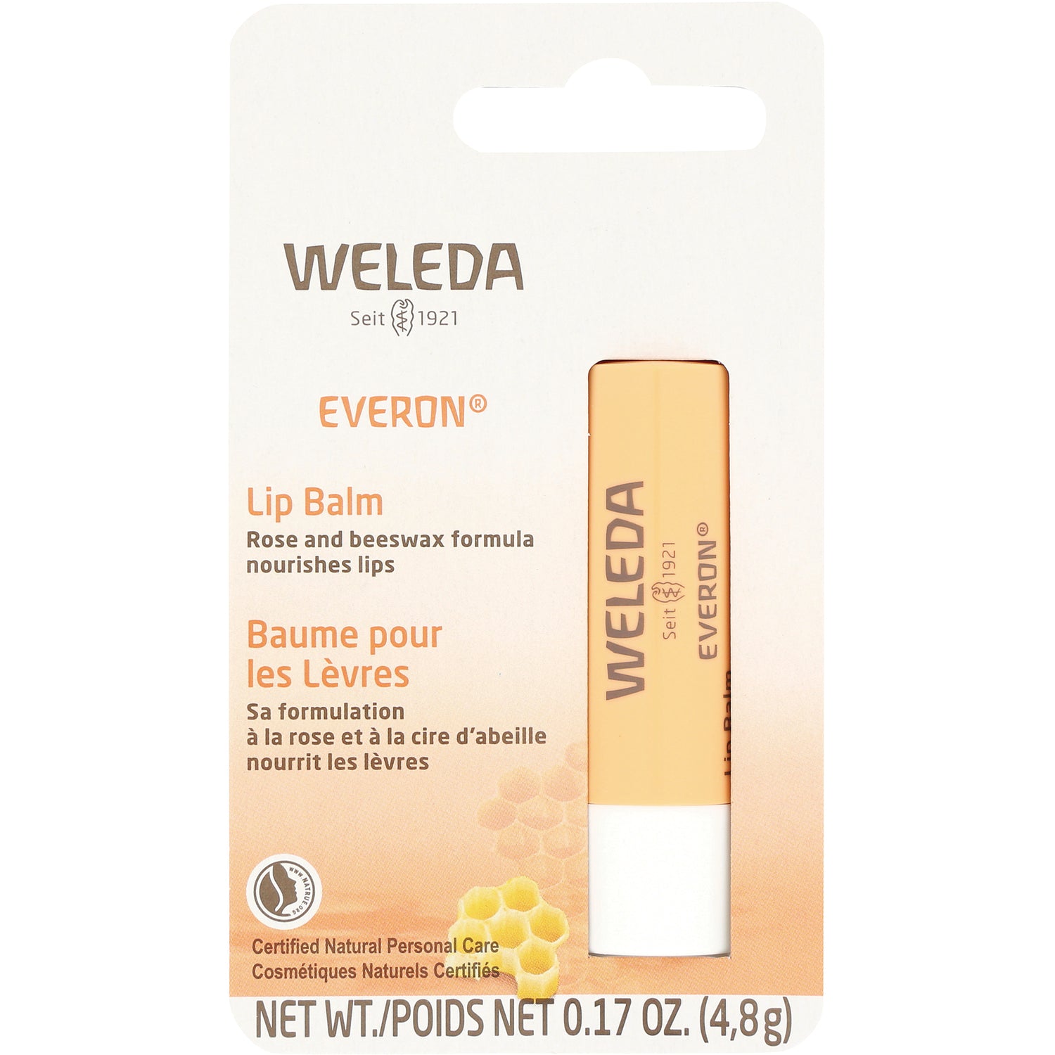 WEL018 | Weleda Everon Lip Balm front packaging, rose and beeswax formula, net wt 0.17 oz