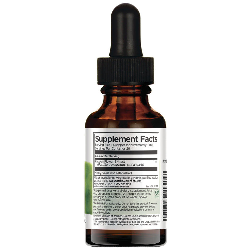 SW1325 | Back label with Supplement Facts label with serving size 1 dropper (1 ml) and Passion Flower Extract 1 g - Thumbnail