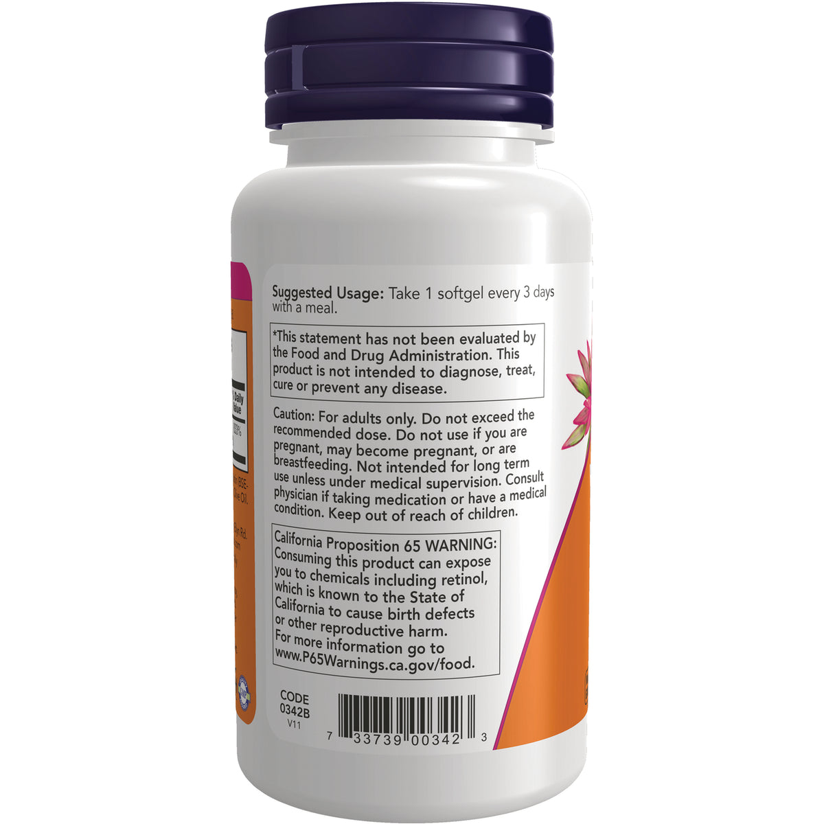 NWF364 | Back of white supplement bottle showing suggested usage, caution and California Proposition 65 warning panels and barcode