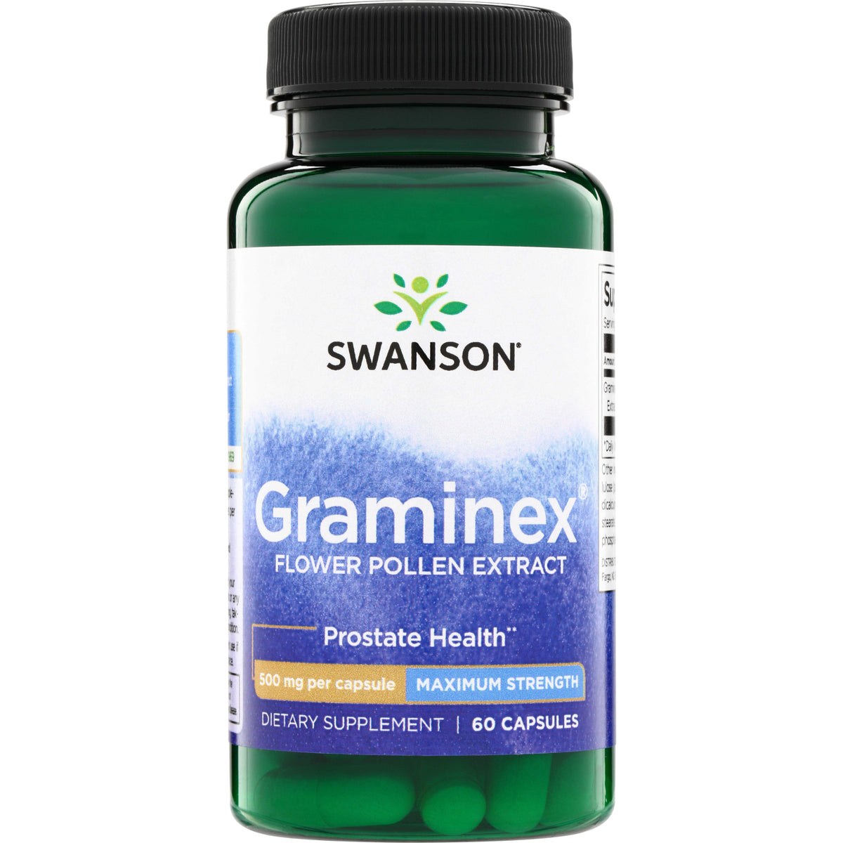 SWU332 | Swanson Graminex Flower Pollen Extract bottle, Prostate Health, 500 mg per capsule, Maximum Strength, 60 capsules