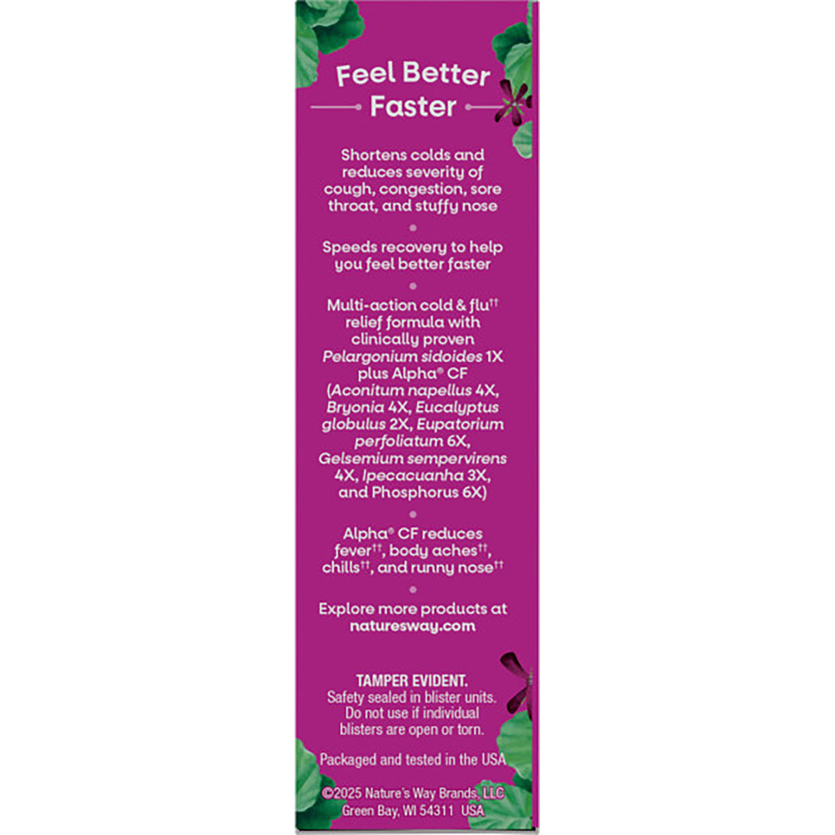 NW647 | Back panel of purple box labeled Cold + Flu Relief with usage claims, Pelargonium sidoides ingredient and NATURESWAY.COM