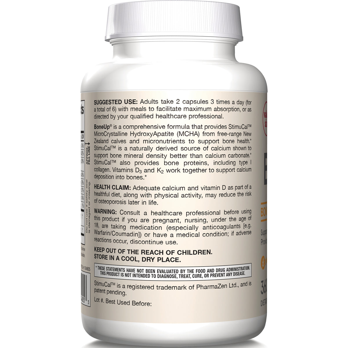 Back label of supplement bottle showing suggested use, health claim, warnings, and storage instructions