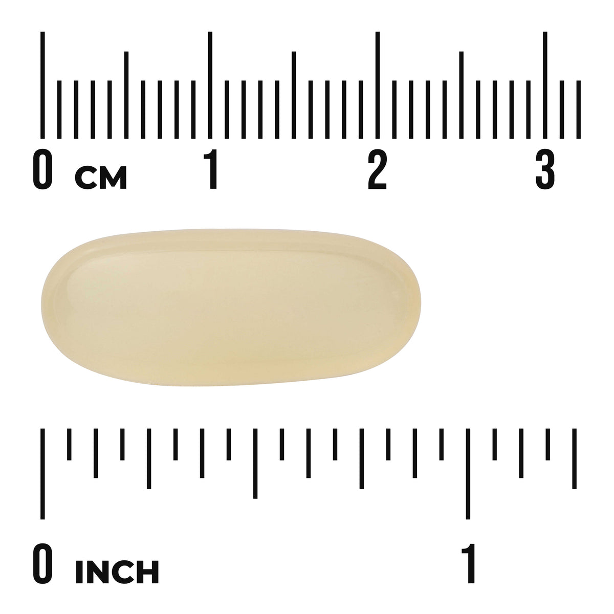 SWH162 | Oblong beige softgel shown with size rulers in cm and inches