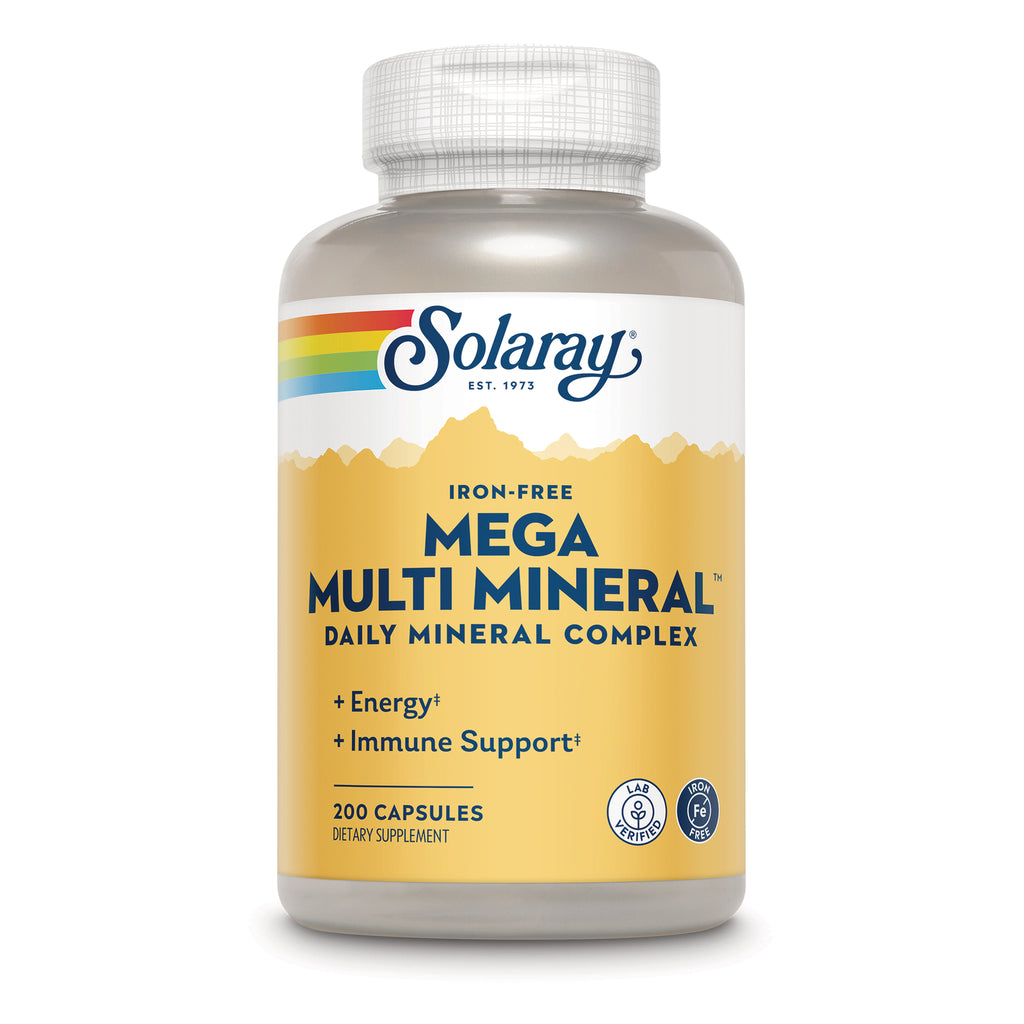 SLR279 | Solaray Mega Multi Mineral iron-free daily mineral complex, 200-capsule bottle with yellow label - Thumbnail