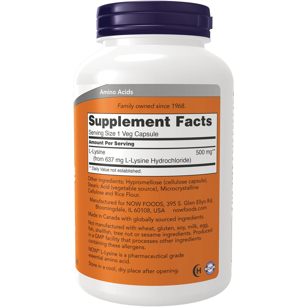 NWF685 | Bottle back label with Supplement Facts showing L-Lysine 500 mg serving size 1 veg capsule and ingredients - Thumbnail