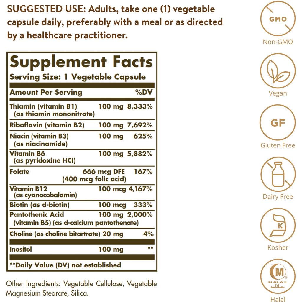 SLG210 | supplement facts panel showing serving size 1 vegetable capsule, B vitamins, other ingredients and certification icons - Thumbnail