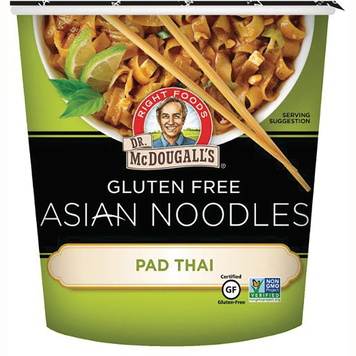 DMD002 | Dr. McDougall's gluten free Asian Noodles Pad Thai cup front packaging with chopsticks