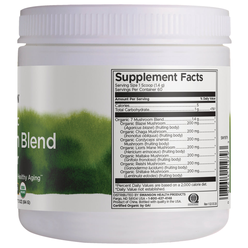SW1979 | Supplement Facts: 1 scoop (1.4 g), 60 servings, Organic 7 Mushroom Blend (seven 200 mg mushrooms), warnings - Thumbnail