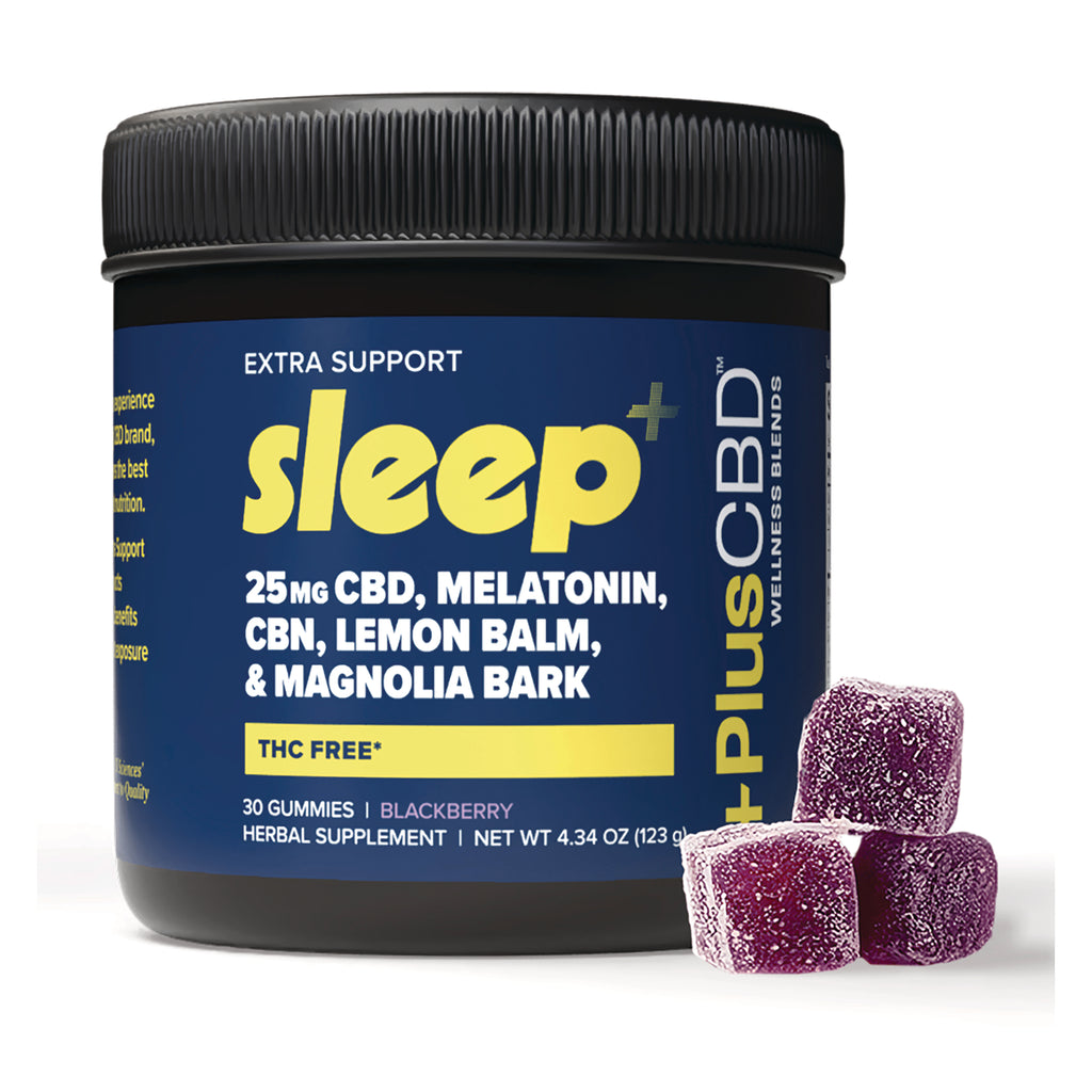 CV055 | blue jar labeled sleep 25mg CBD, melatonin, CBN, lemon balm & magnolia bark with three purple sugar-coated gummies - Thumbnail