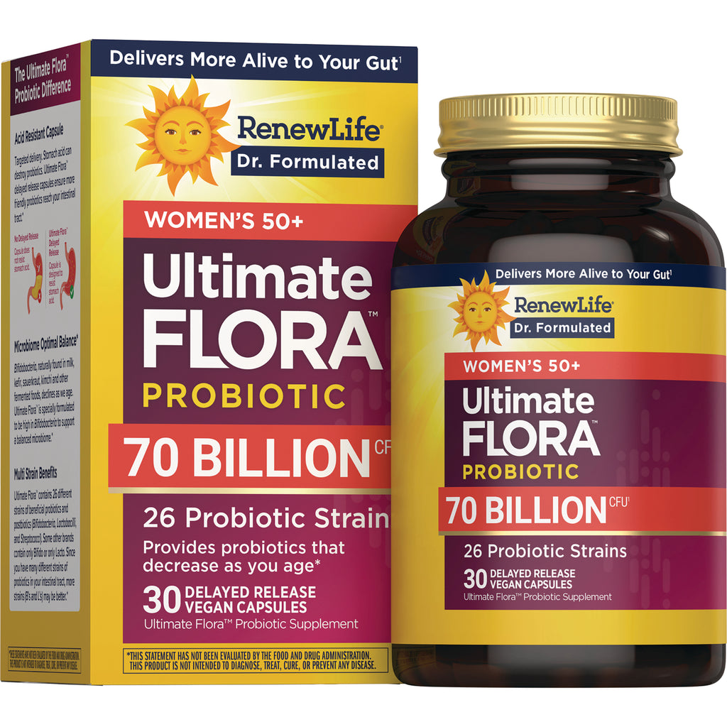 RNL257 | RenewLife Ultimate Flora probiotic bottle and box, Women's 50+, 70 billion CFU, 30 delayed-release vegan capsules - Thumbnail
