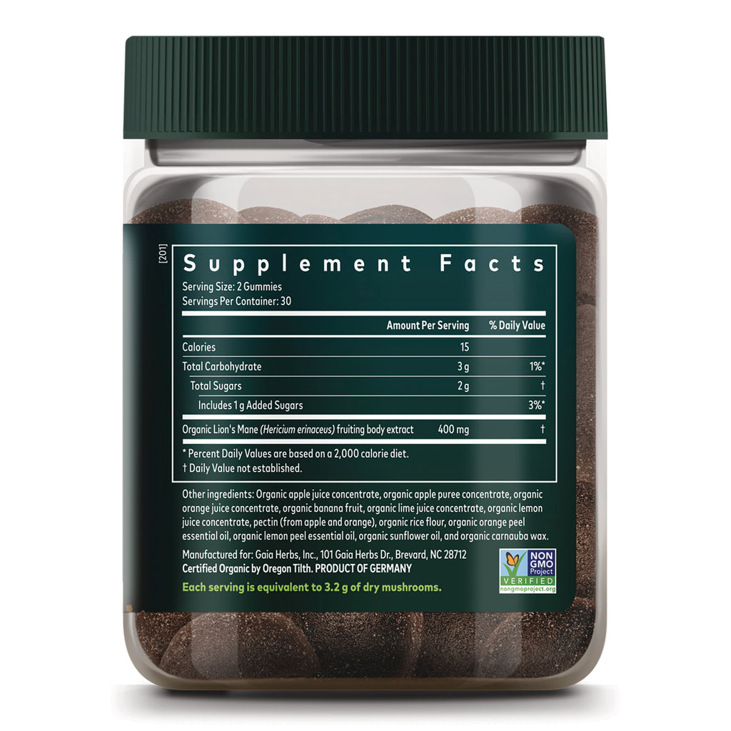 GH177 | back label showing Supplement Facts panel and ingredients for organic Lion's Mane gummies - Thumbnail