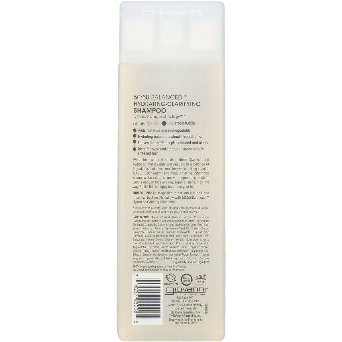 GV002 | Back label of hydrating-clarifying shampoo bottle showing directions, ingredients, and barcode