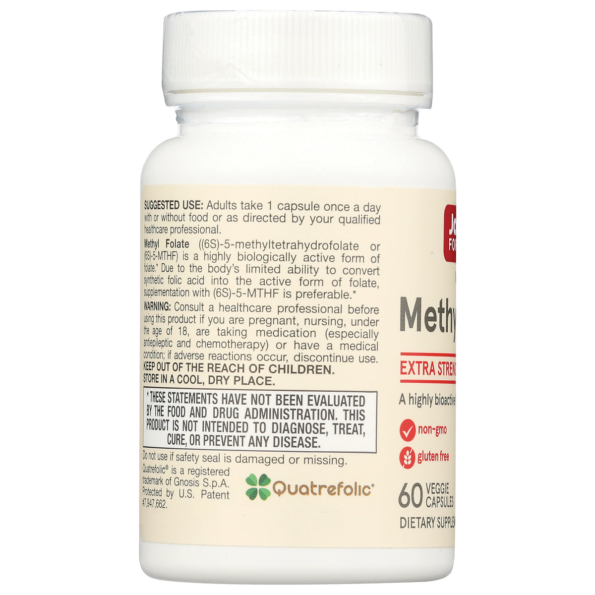 JR240 | back label of white supplement bottle showing suggested use, warnings, and FDA disclaimer