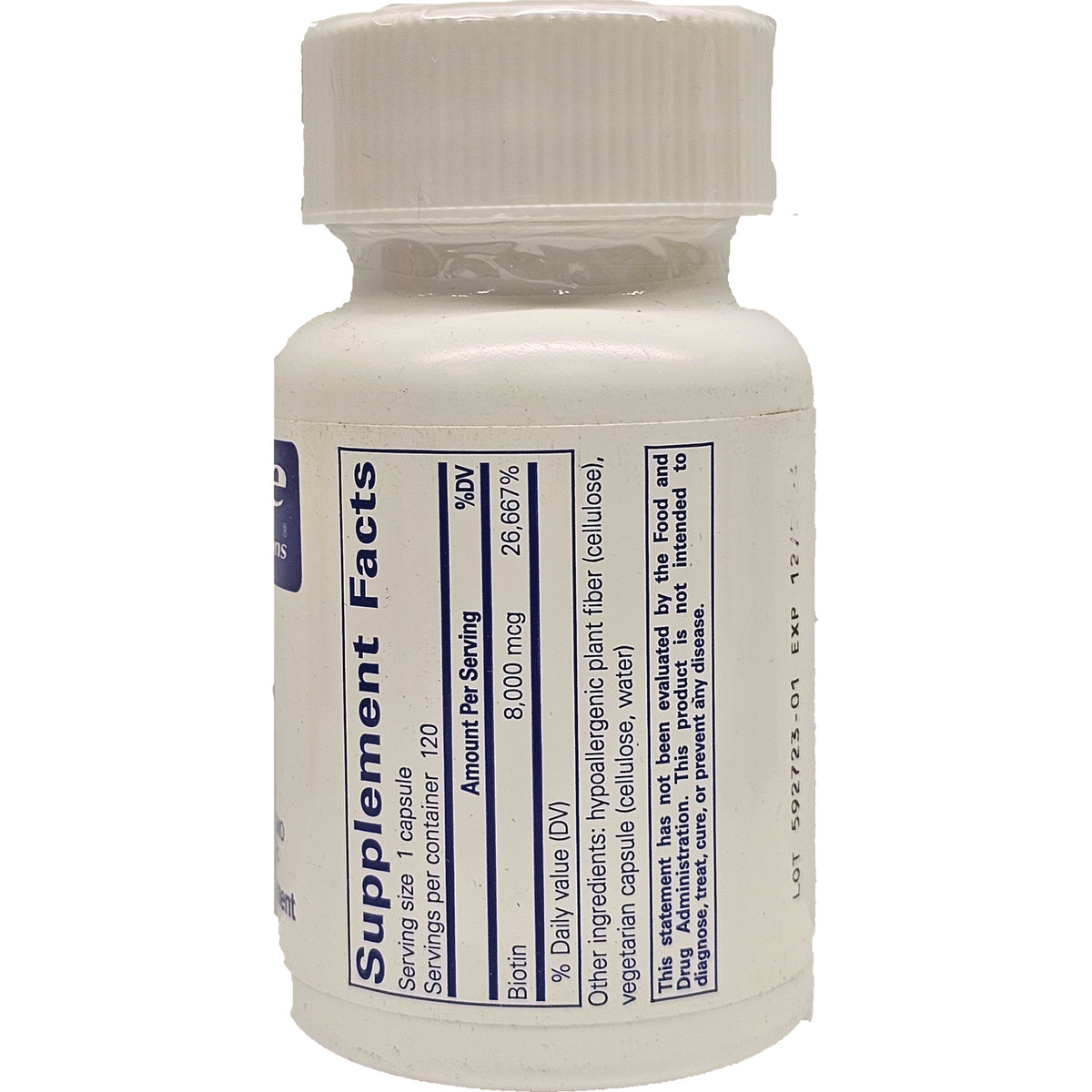 PRN005 | bottle back showing Supplement Facts panel listing Biotin 8,000 mcg and other ingredients