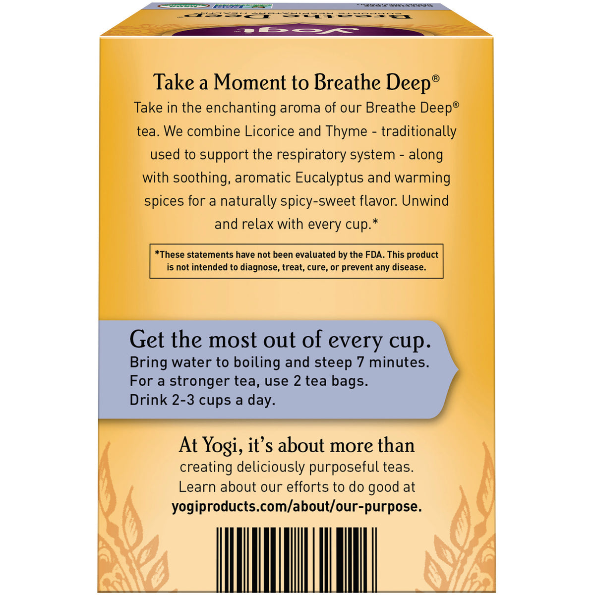 AHW047 | Back of Yogi Breathe Deep tea box with brewing directions and product description