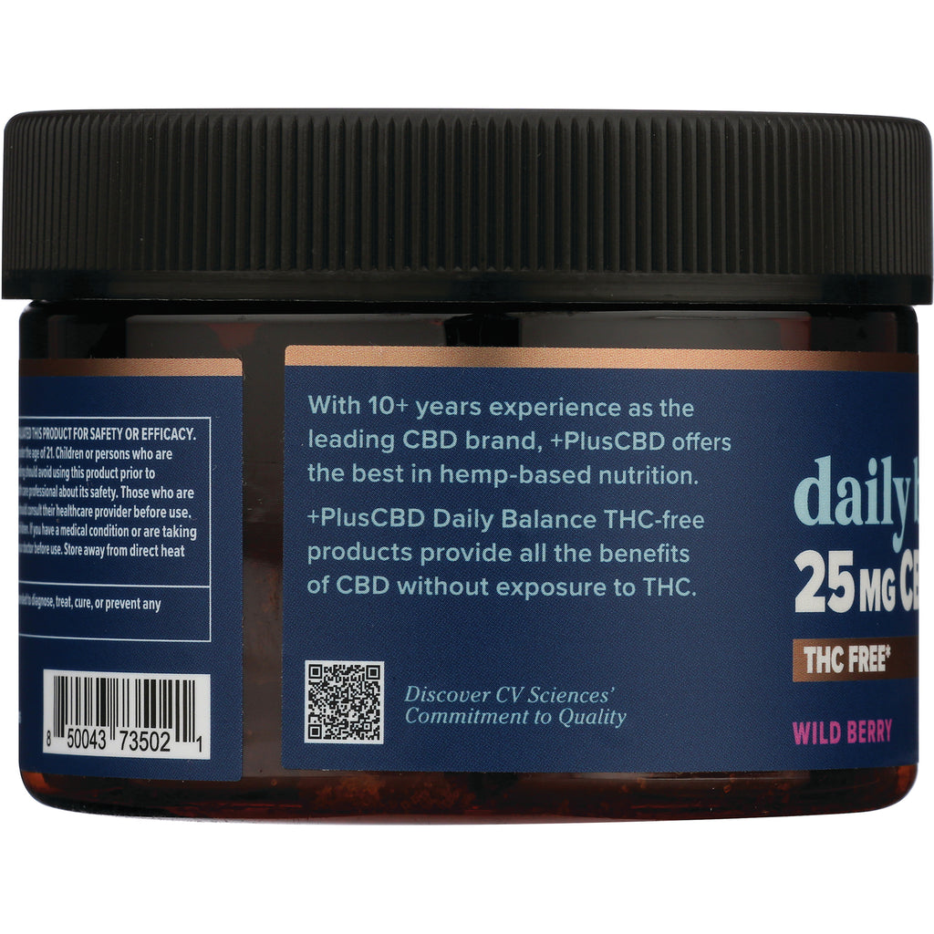 CV049 | jar side label reading Daily Balance 25 MG CBD, THC FREE, Wild Berry with text about hemp-based nutrition - Thumbnail