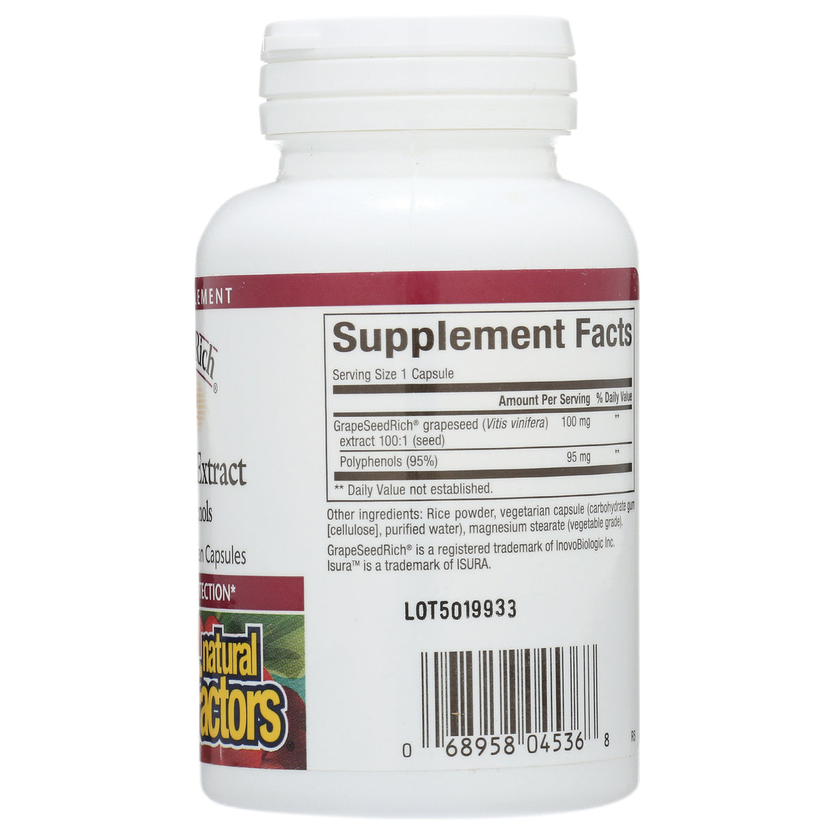 NFC043 | Back of white supplement bottle showing Supplement Facts panel, ingredients list, LOT5019933 and barcode