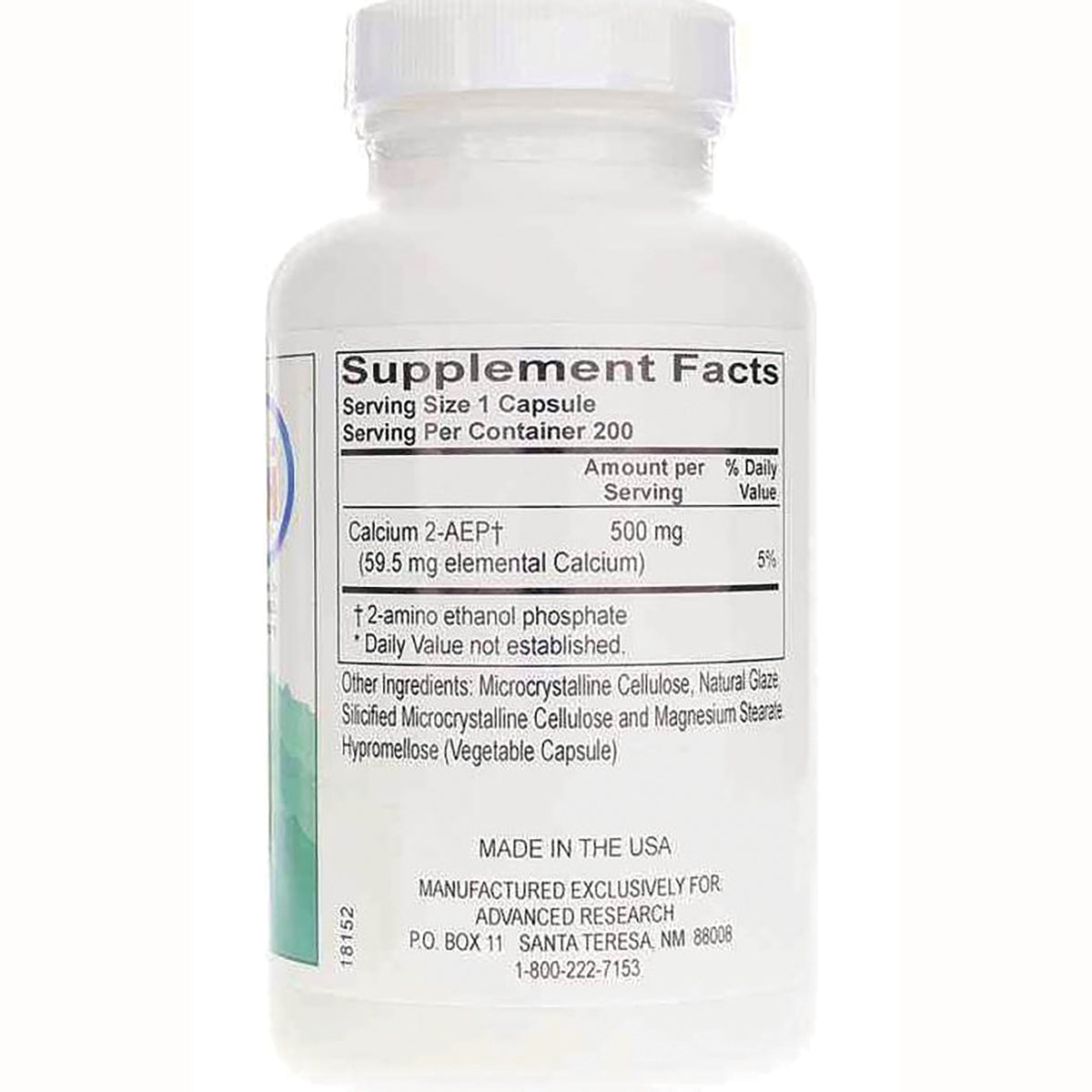 ADR012 | Back label with Supplement Facts: serving size 1 capsule, 200 servings; Calcium 2-AEP 500 mg