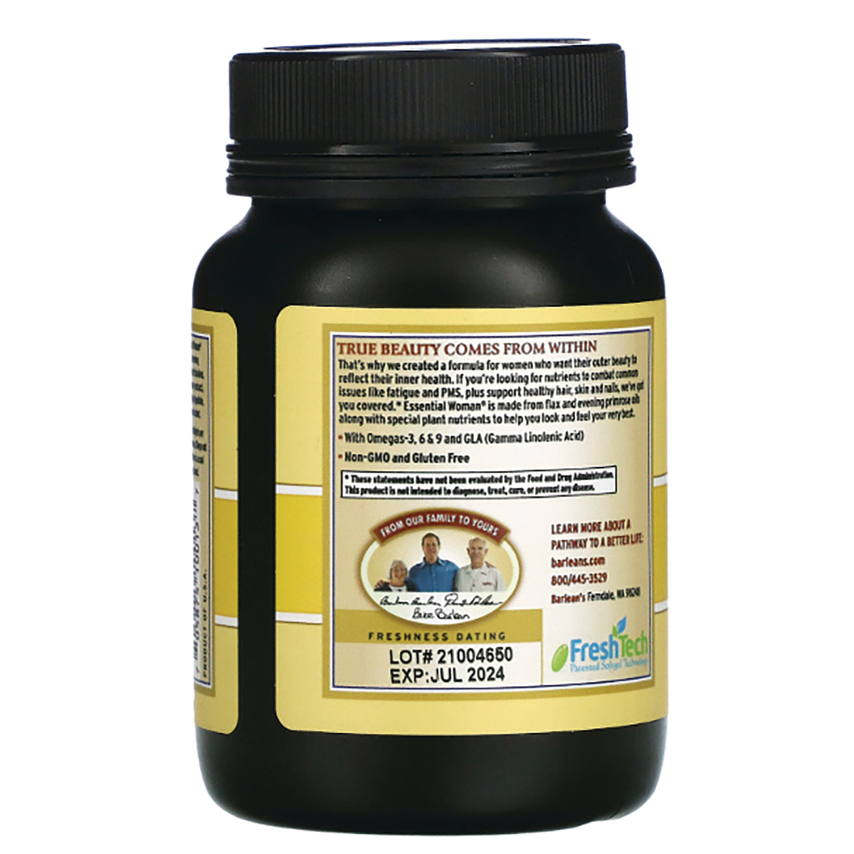 BAR037 | Back of black supplement bottle with yellow label showing LOT# 21004650 and EXP: JUL 2024