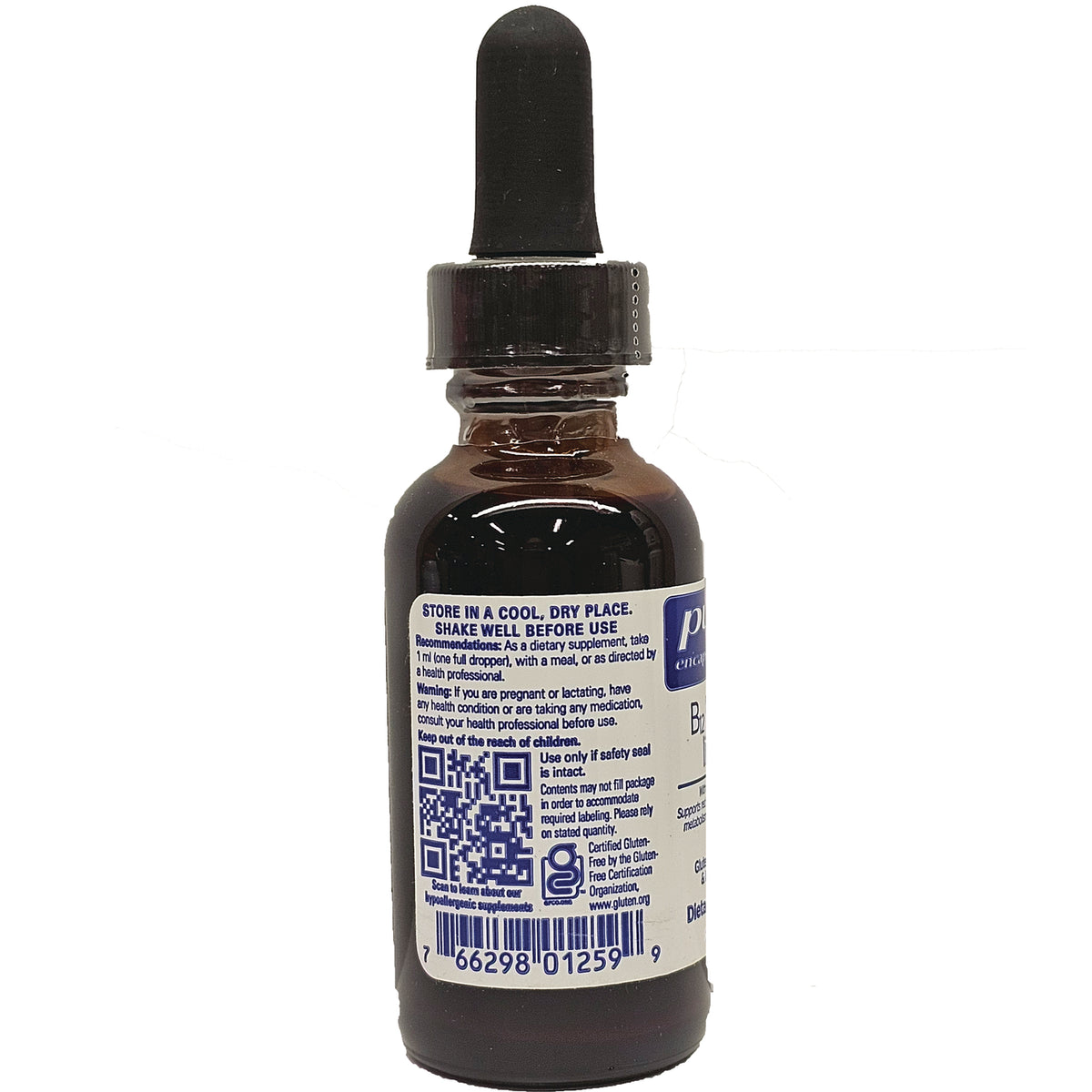PRN010 | amber dropper bottle back label showing storage instructions, QR code and barcode