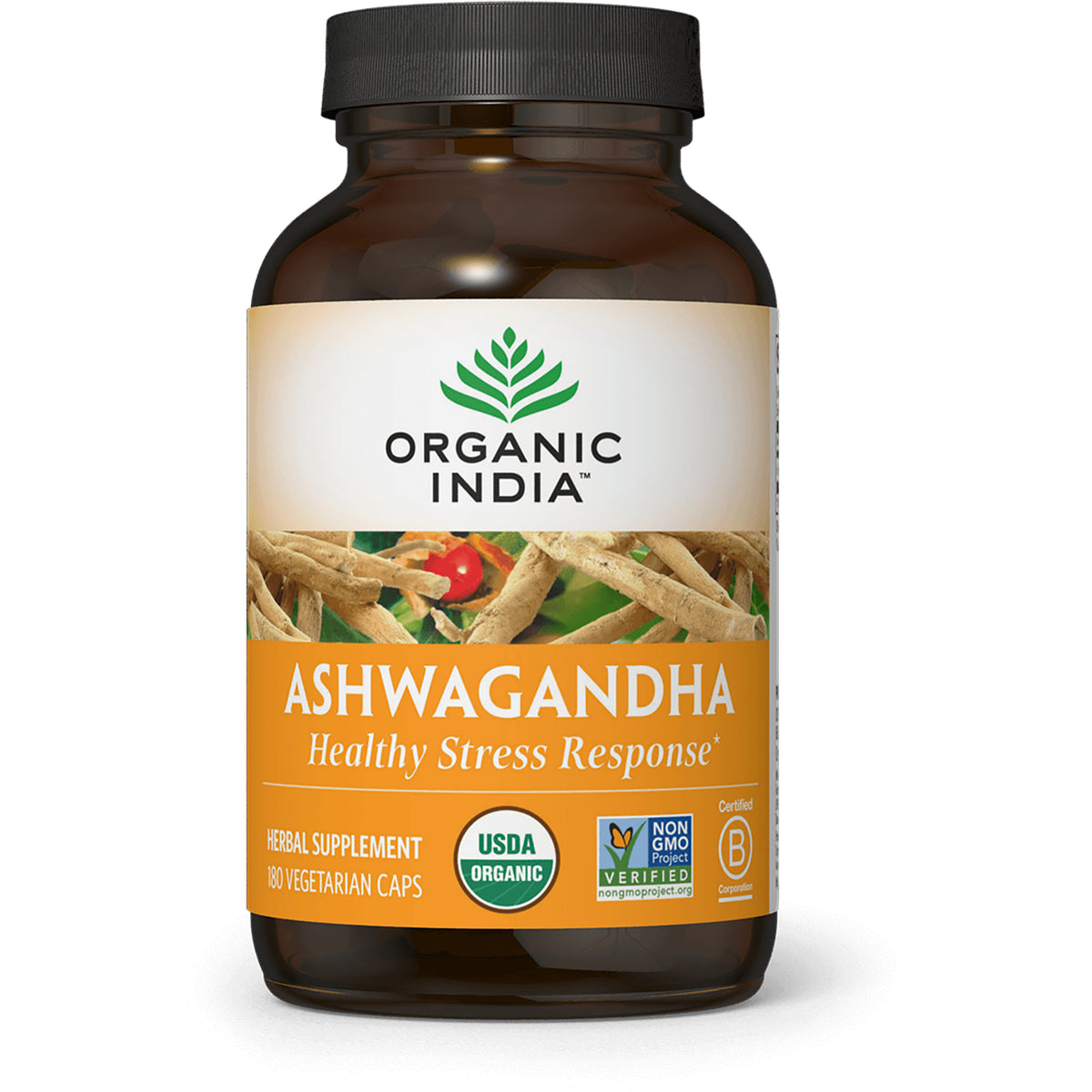 RGN077 | Organic India Ashwagandha supplement bottle, 180 vegetarian caps, USDA Organic label