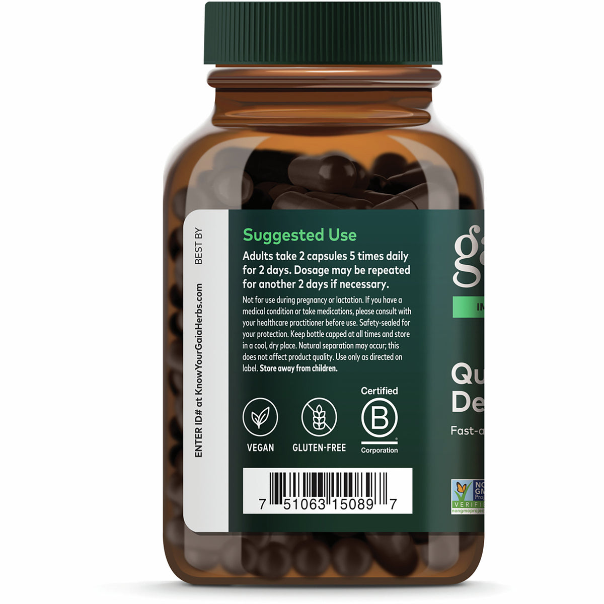 Bottle back label showing SUGGESTED USE instructions, barcode, social icons, and certification logo