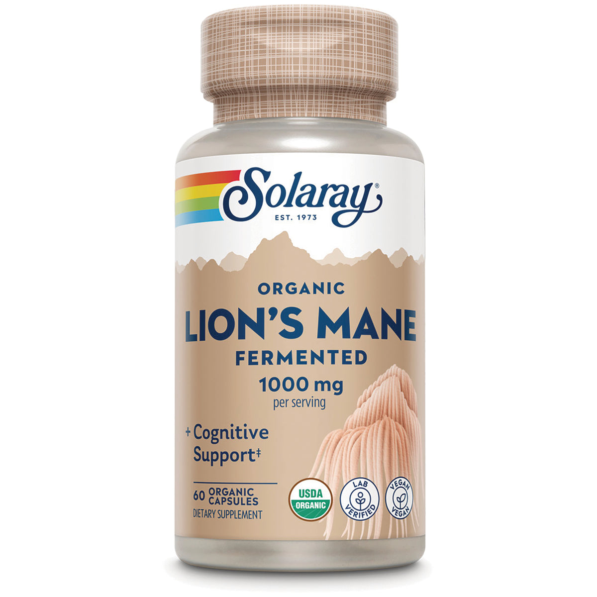 SLR461 | Solaray Organic Lion's Mane fermented dietary supplement bottle, 1000 mg per serving, 60 capsules