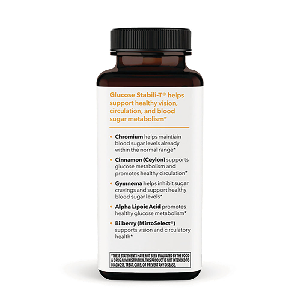 LSS003 | Back label of brown supplement bottle listing ingredients and benefits: Chromium, Cinnamon (Ceylon), Gymnema, Alpha Lipoic Acid, Bilberry - Thumbnail