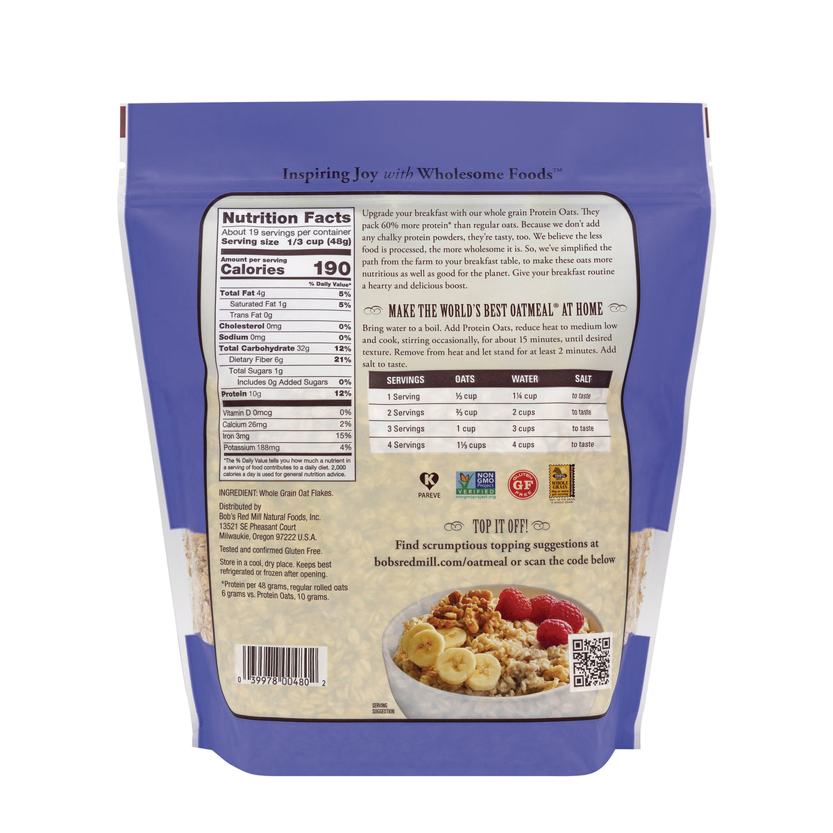 BOB475 | Back of resealable oatmeal pouch showing nutrition facts, serving chart, ingredients and barcode
