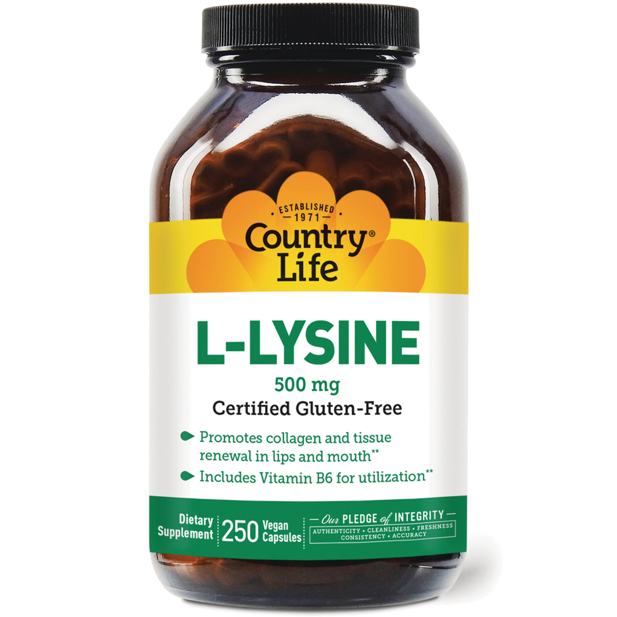Country Life L-LYSINE 500 mg bottle labeled Certified Gluten-Free, 250 vegan capsules