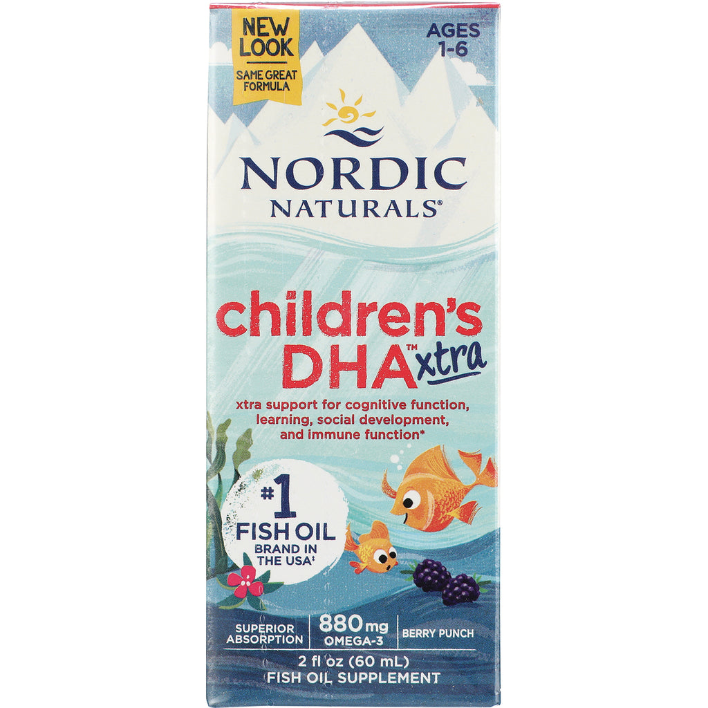 NRN101 | Nordic Naturals Children's DHA xtra berry punch 2 fl oz fish oil supplement front packaging with illustrated goldfish and #1 Fish Oil Brand in the USA label - Thumbnail