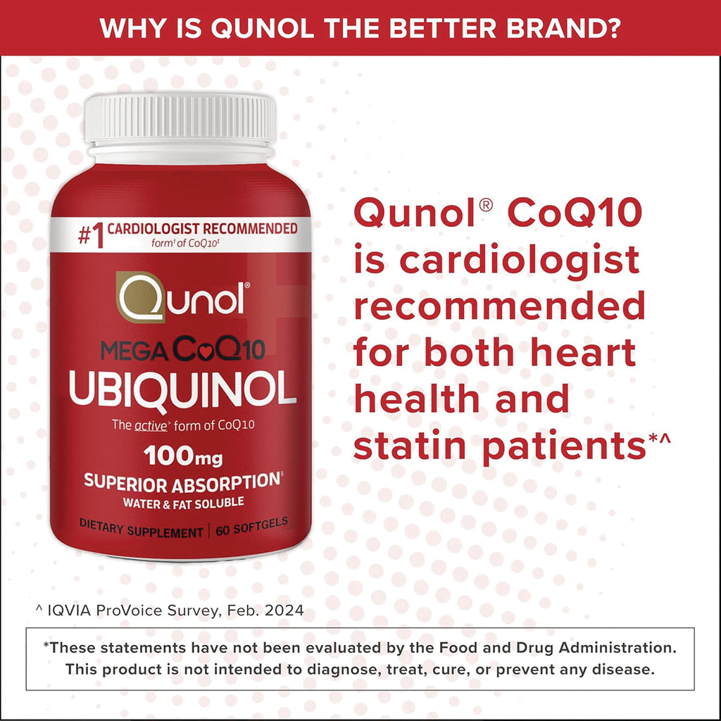 QNL003 | Qunol Mega CoQ10 Ubiquinol 100 mg softgel bottle with claim text about cardiologist recommend - Thumbnail
