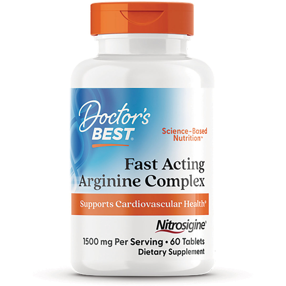 DB289 | White bottle with orange cap labeled Doctor's Best Fast Acting Arginine Complex supports cardiovascular health, 60 tablets