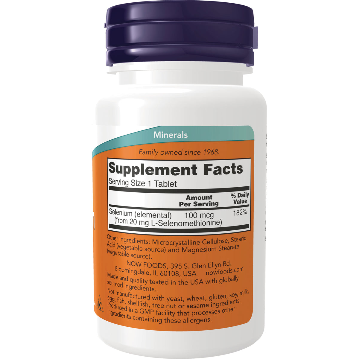 NWF847 | Back label showing Supplement Facts with selenium 100 mcg and ingredients on a white bottle