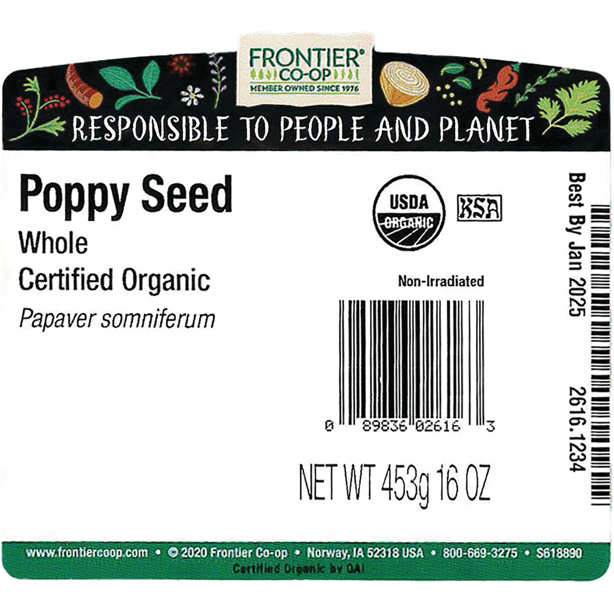 FNP079 | Back label showing Frontier Co-op Poppy Seed whole certified organic label with barcode, USDA Organic seal, NET WT 453g 16 OZ