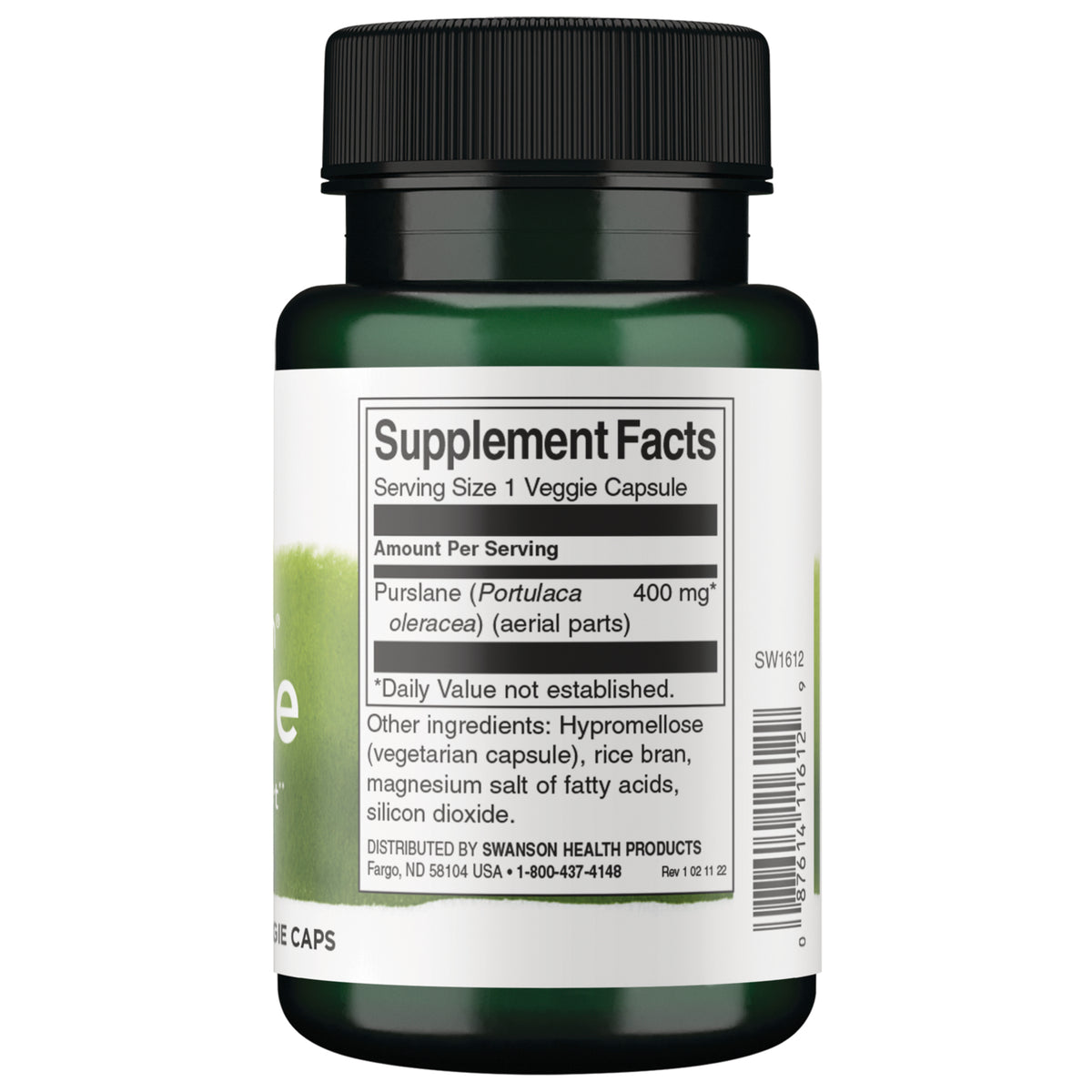 SW1612 | Supplement Facts panel showing Purslane 400 mg per veggie capsule and other ingredients