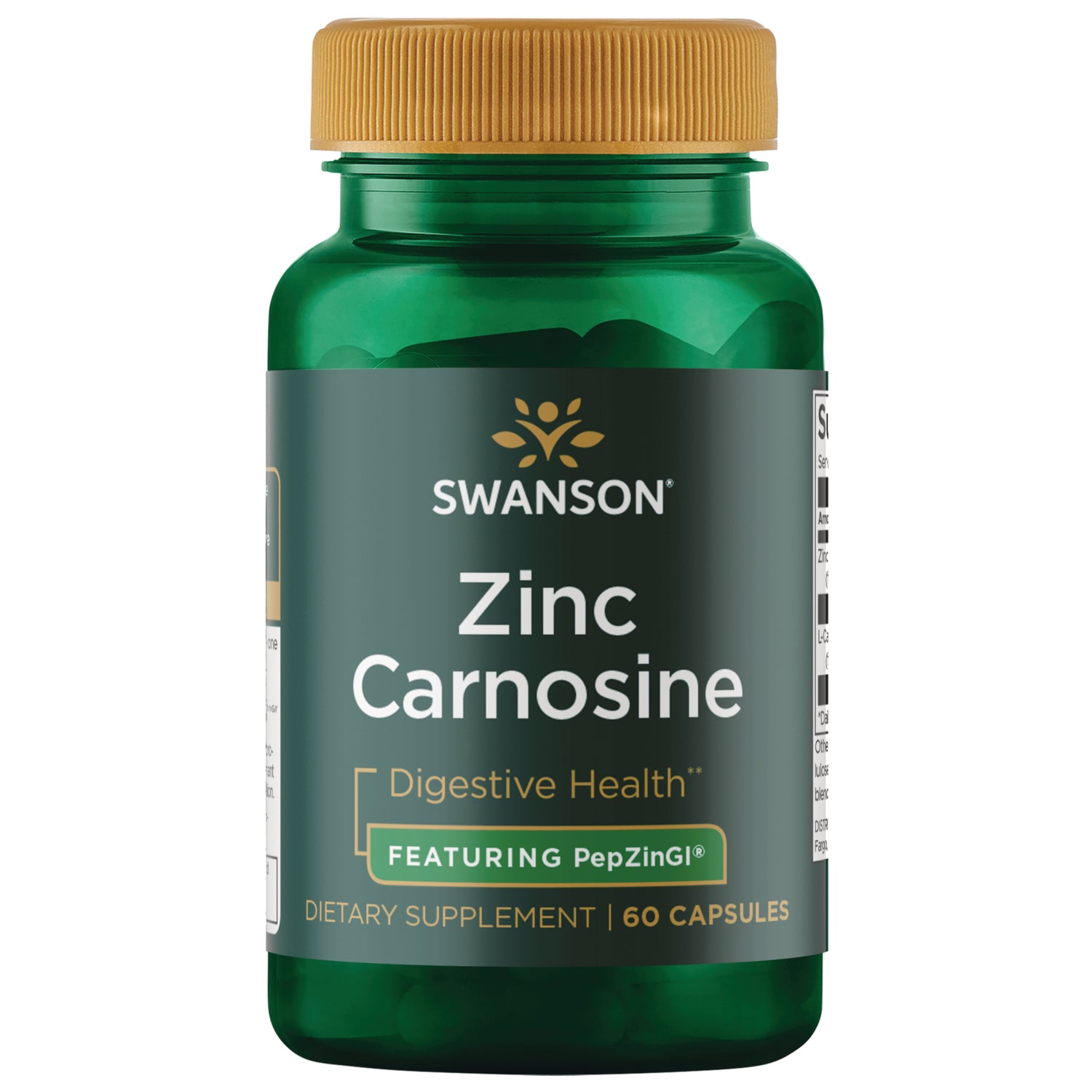 SWU281 | Swanson Zinc Carnosine supplement bottle, Digestive Health, Featuring PepZinGI, 60 capsules