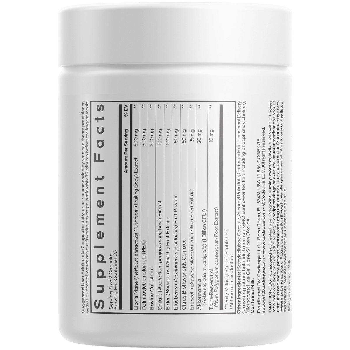 CDG003 | supplement facts panel, ingredients and recycling symbols on white bottle back