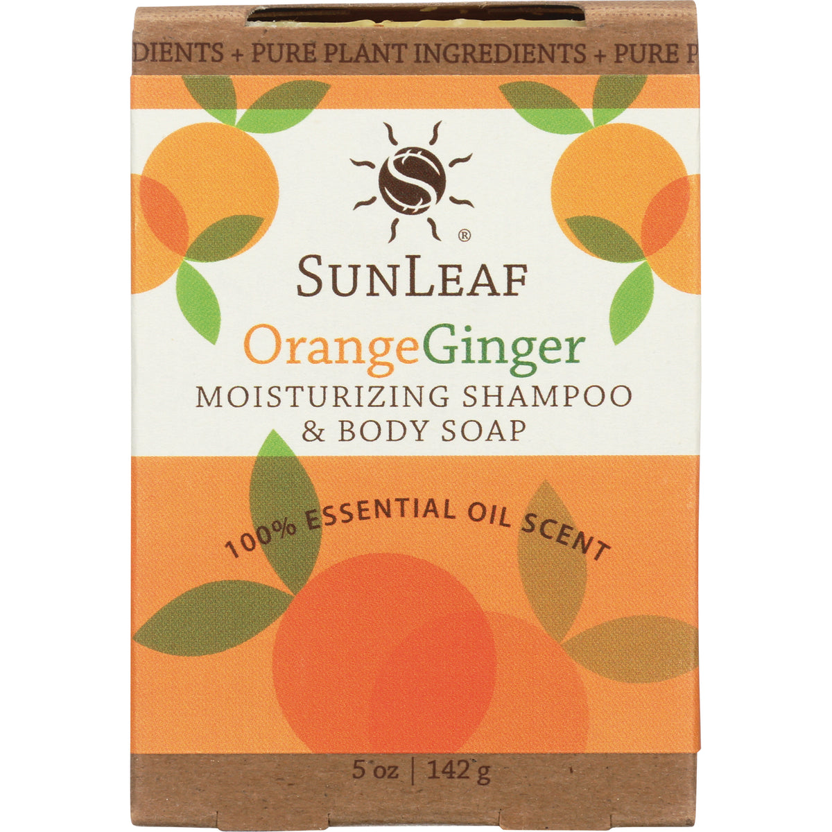 SunLeaf OrangeGinger moisturizing shampoo and body soap box with orange graphics and 5 oz 142 g
