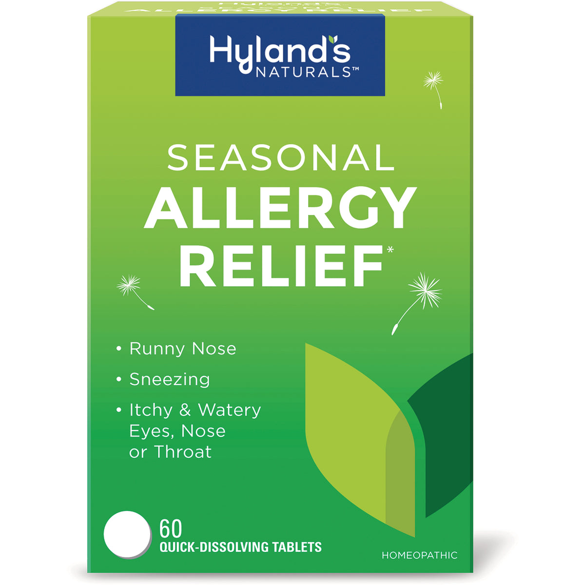 HY256 | Hyland's Naturals Seasonal Allergy Relief front panel, 60 quick-dissolving tablets listing runny nose, sneezing, itchy watery eyes