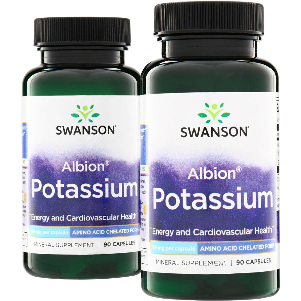 SWU070 | Two Swanson Albion Potassium supplement bottles with label reading Albion Potassium, 90 capsules - Thumbnail