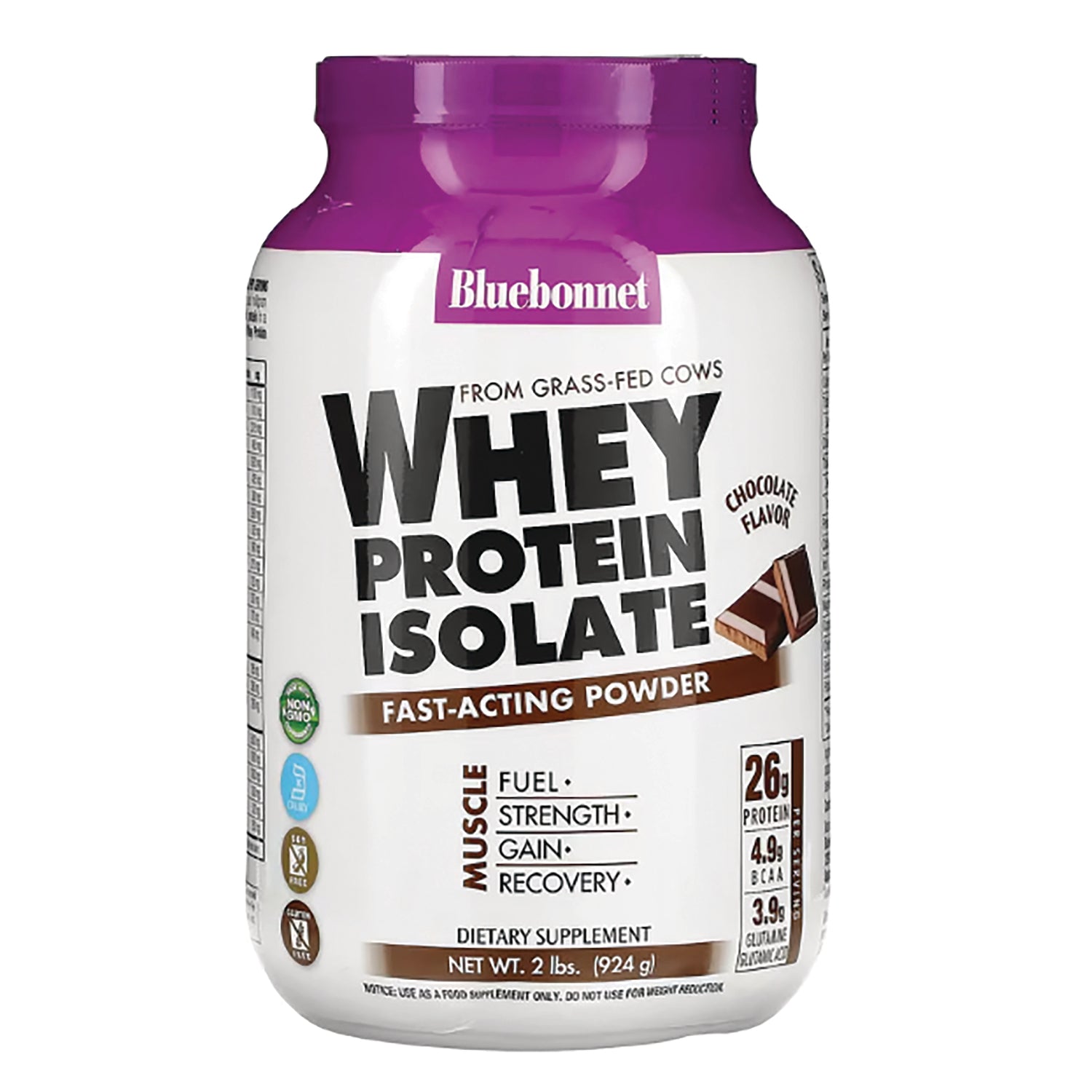 BLU132 | Bluebonnet Whey Protein Isolate chocolate powder container front label showing brand and nutrition callouts