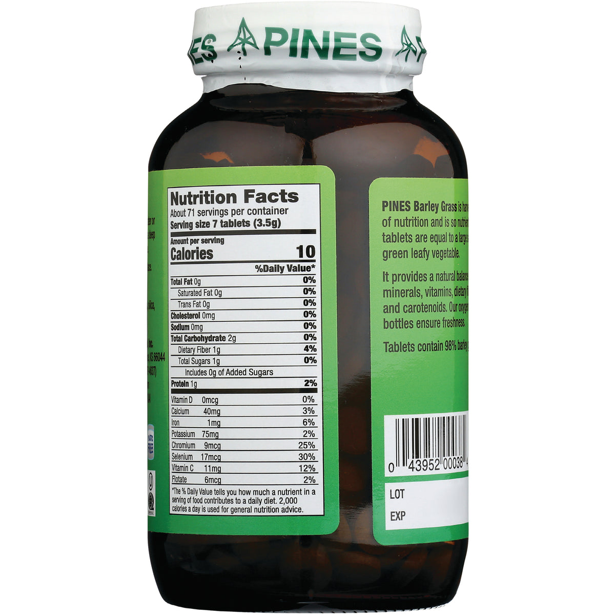 PNN002 | Back label showing nutrition facts panel, supplement description, and barcode on brown bottle