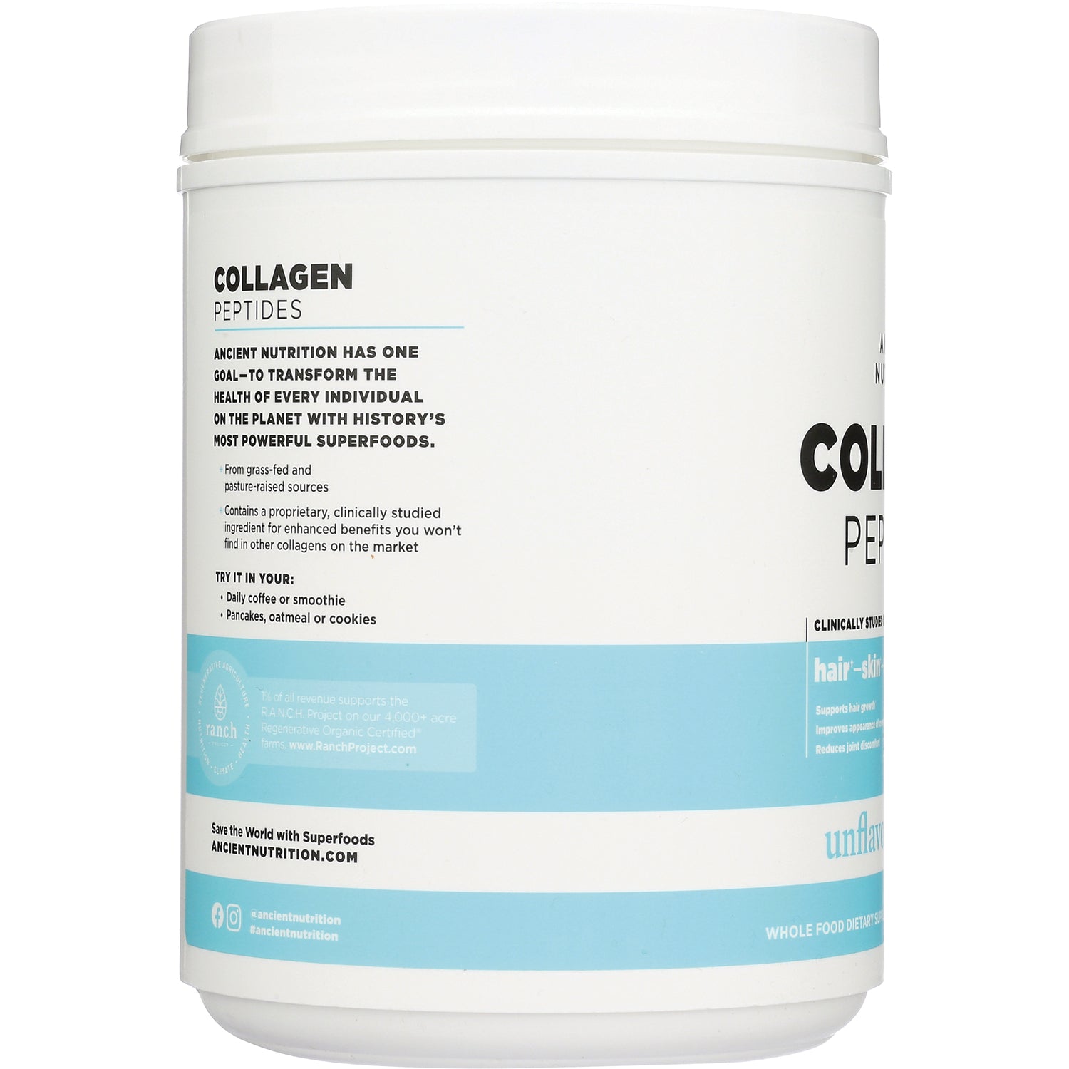 ATN103 | Back label of white collagen peptides tub with ingredient text and a blue horizontal band