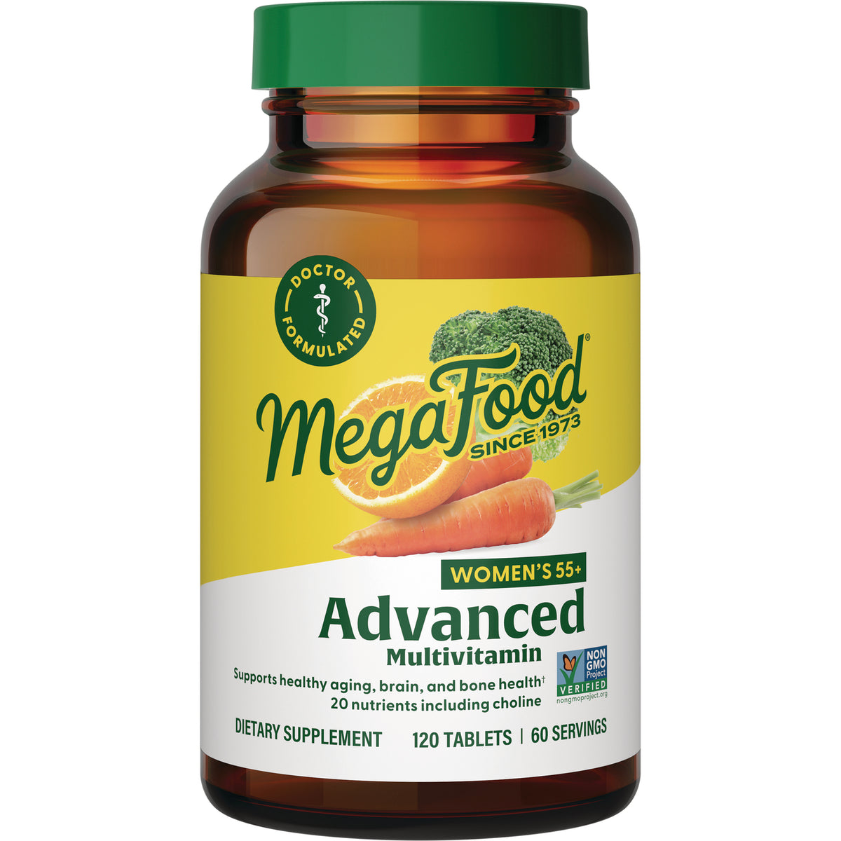 MGF074 | MegaFood Advanced Multivitamin Women's 55+ bottle, front label showing orange, carrot, broccoli, 120 tablets